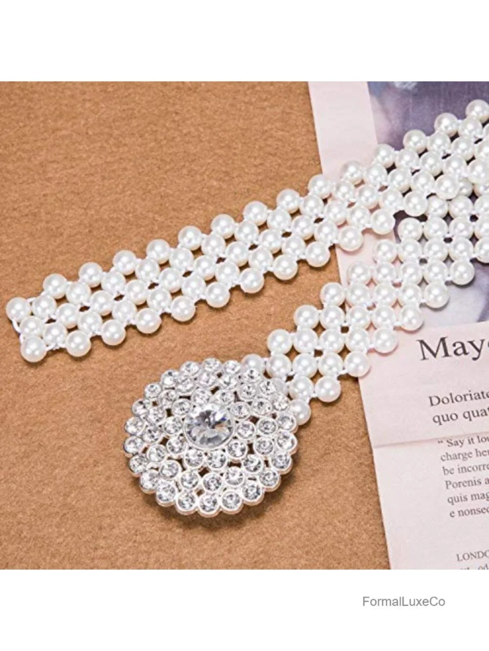Pearl Beaded Elastic Waist Belt with Rhinestone Buckle for Dresses